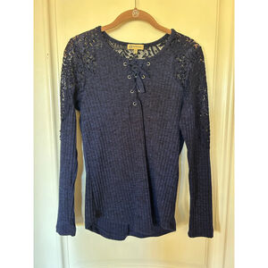 Women's Democracy Navy Long Sleeve Lace-Detail Tee M